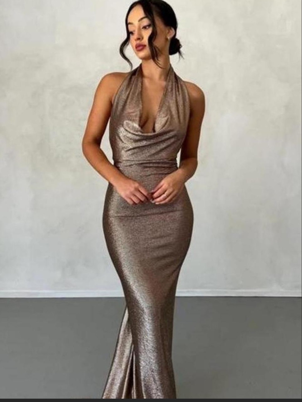 jaus Maria  BRONZE/Gold Ruched Back Evening Dress - Shimmery Bronze